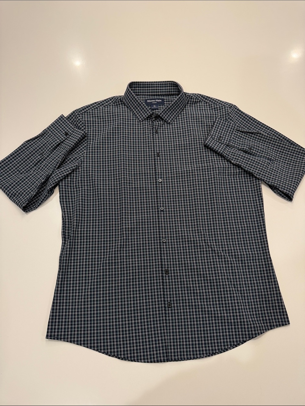 Mizzen+Main Navy White Green Micro-Check Long-Sleeve Button-Down Shirt XXL Trim
